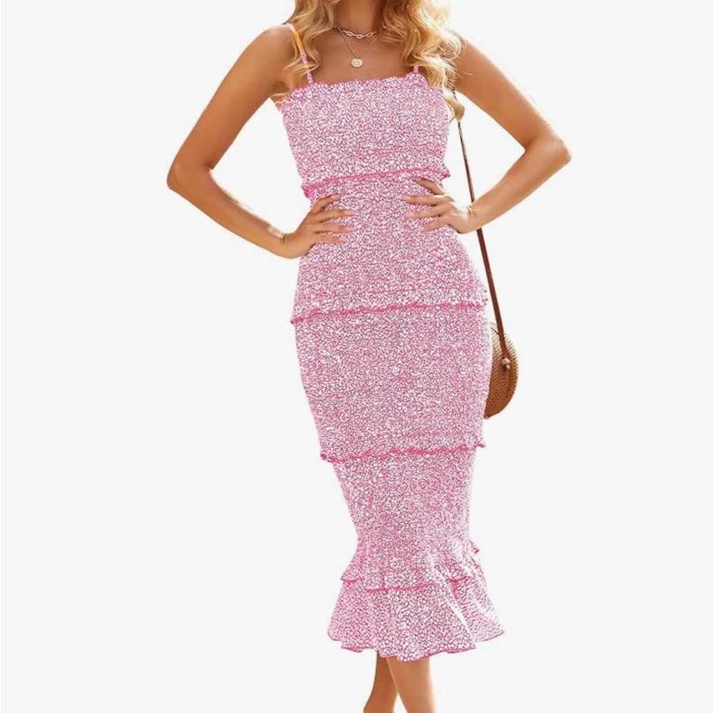 Floral midi smocked bodycon dress with ruffles
